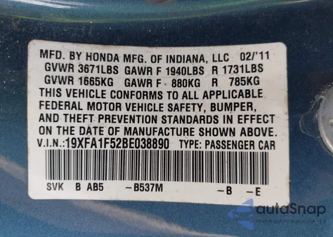 2011 Honda Civic Lx from USA, damaged, VIN 19XFA1F52BE038890